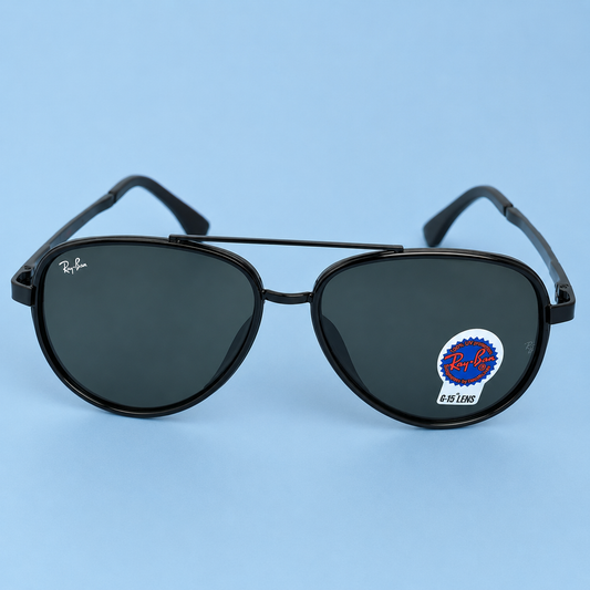 RAY-BAN — Monture Aviateur Ronde, Acétate et Métal Noir, Verres Noirs