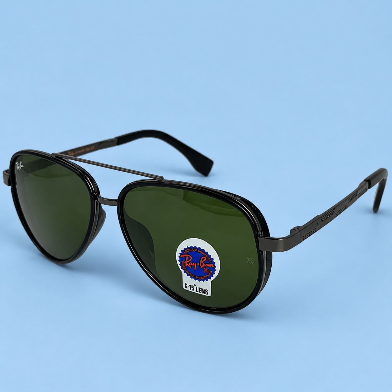 RAY-BAN — Monture Aviateur Ronde, Acétate et Métal Gunmetal, Verres Verts G-15