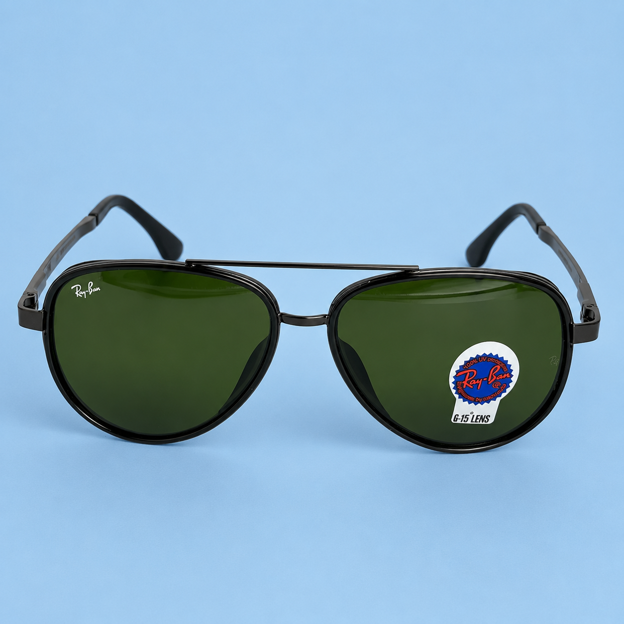 RAY-BAN — Monture Aviateur Ronde, Acétate et Métal Gunmetal, Verres Verts G-15
