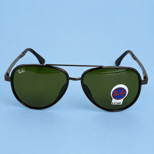 RAY-BAN — Monture Aviateur Ronde, Acétate et Métal Gunmetal, Verres Verts G-15