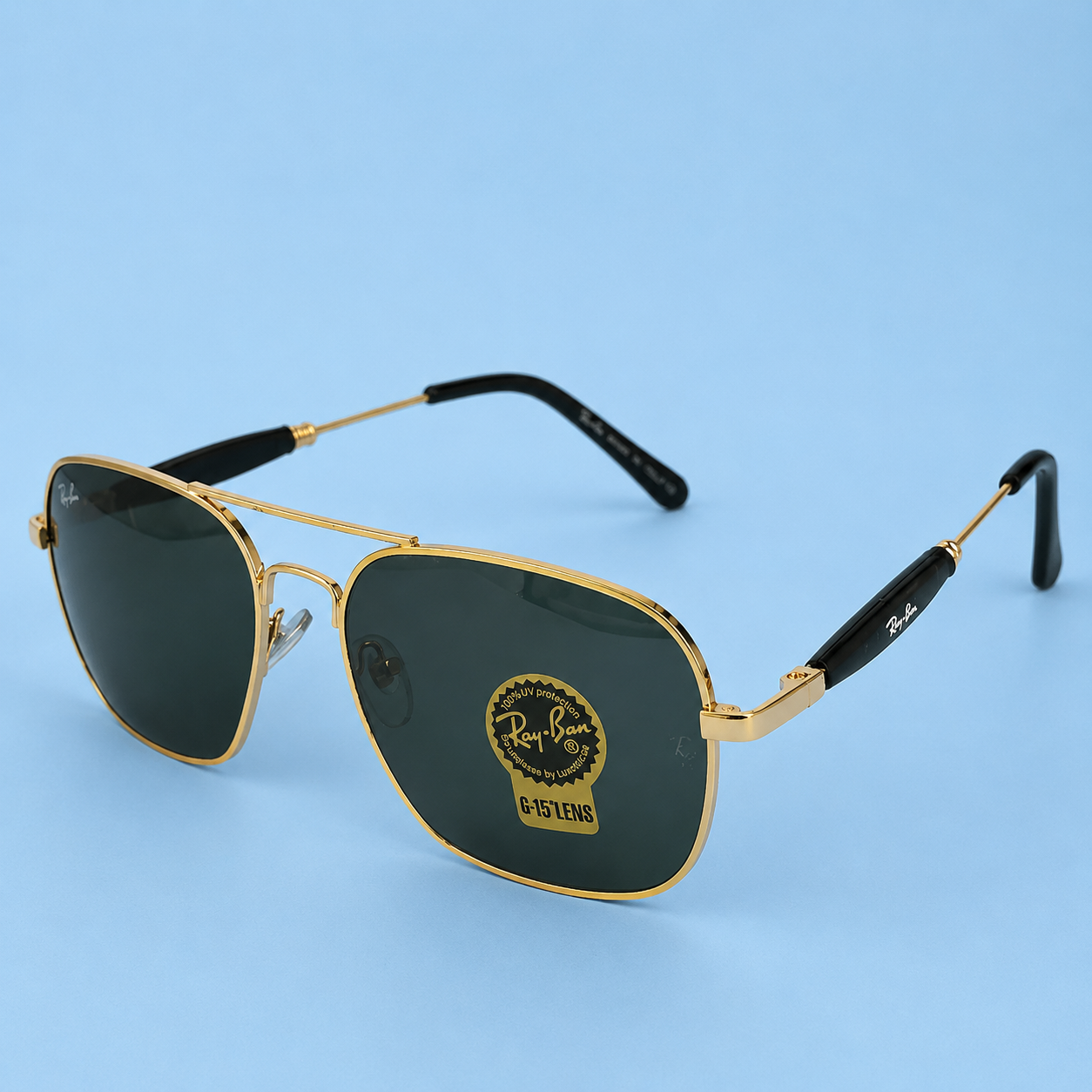 RAY-BAN — Monture Aviateur Carrée, Métal Doré, Verres Noirs