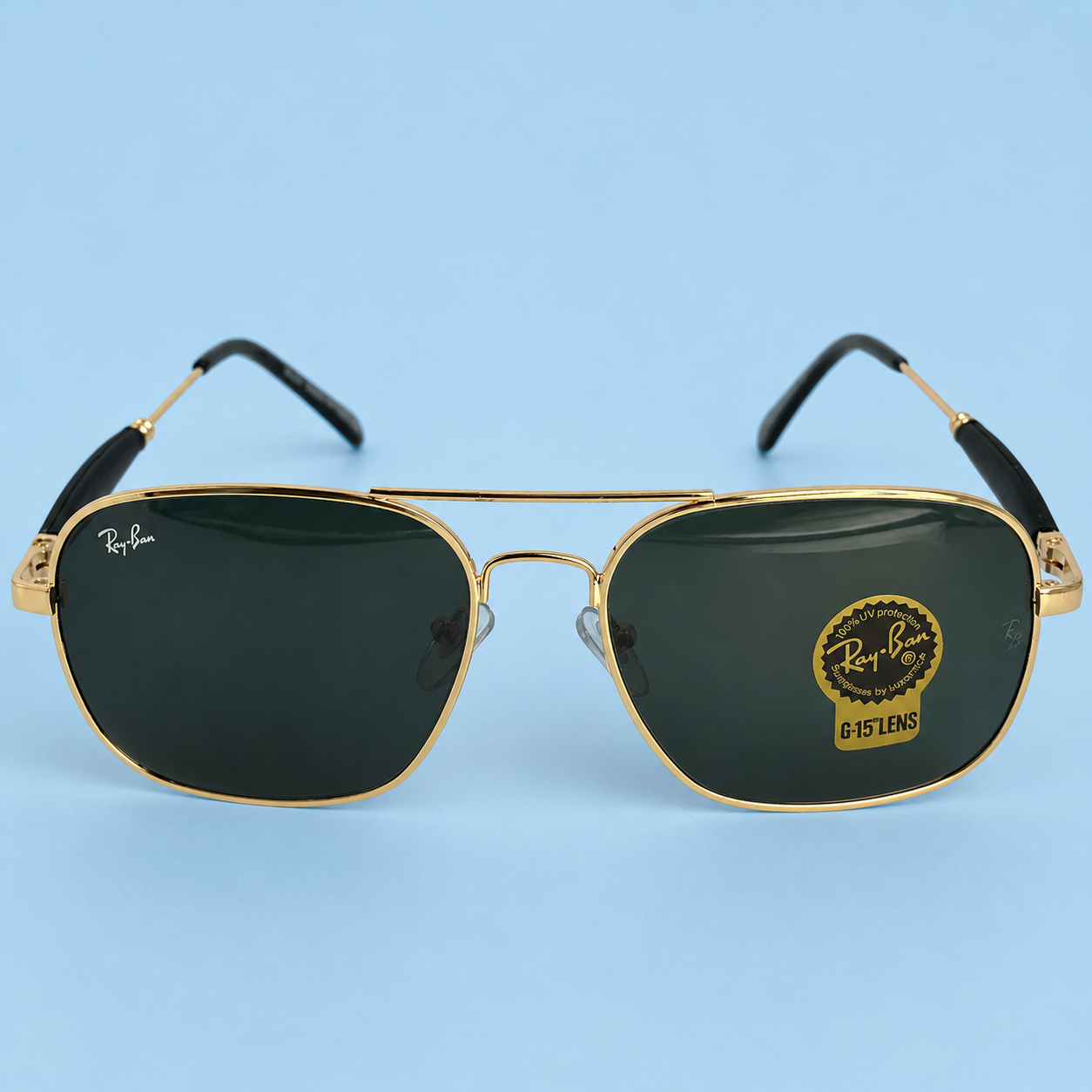 RAY-BAN — Monture Aviateur Carrée, Métal Doré, Verres Noirs