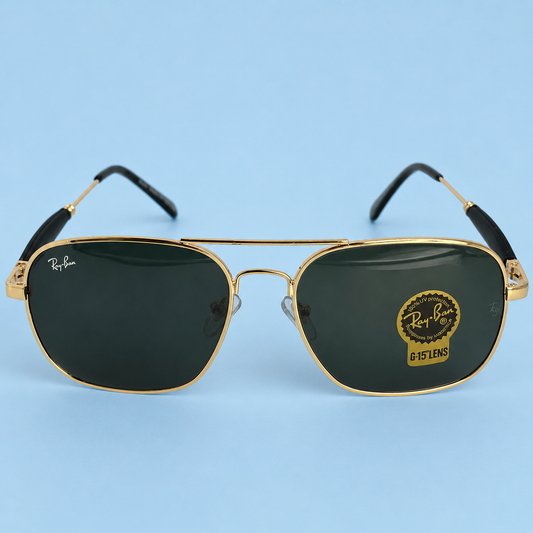 RAY-BAN — Monture Aviateur Carrée, Métal Doré, Verres Noirs